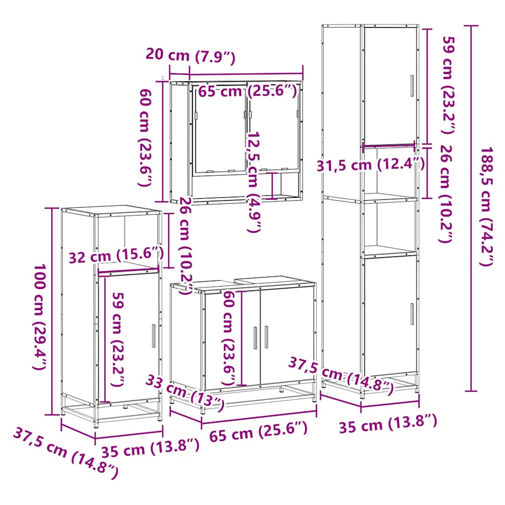 Set de mobilier de baie 4 piese Lemn stratificat gri Sonoma