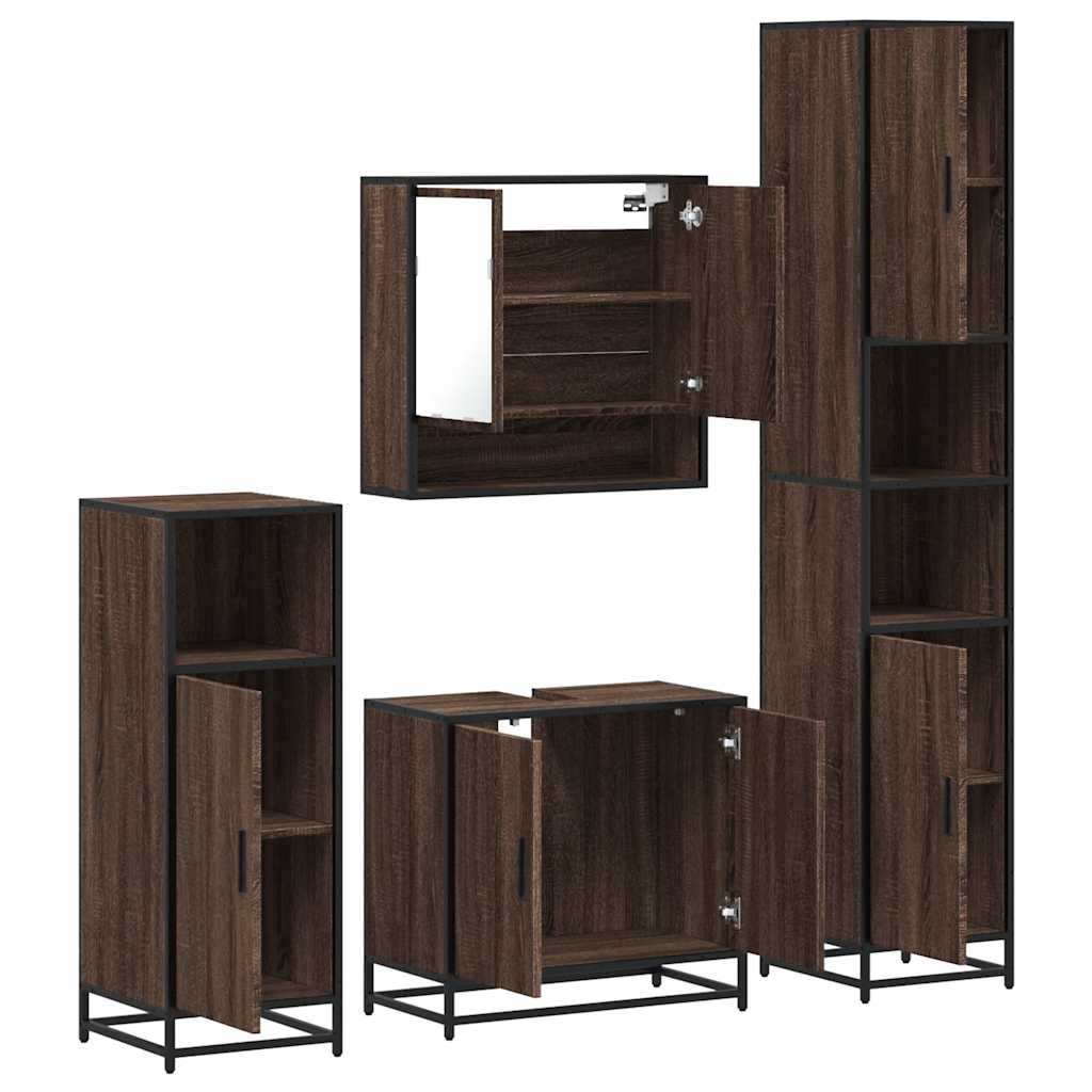 Set de mobilier de baie din 4 piese din lemn de stejar maro