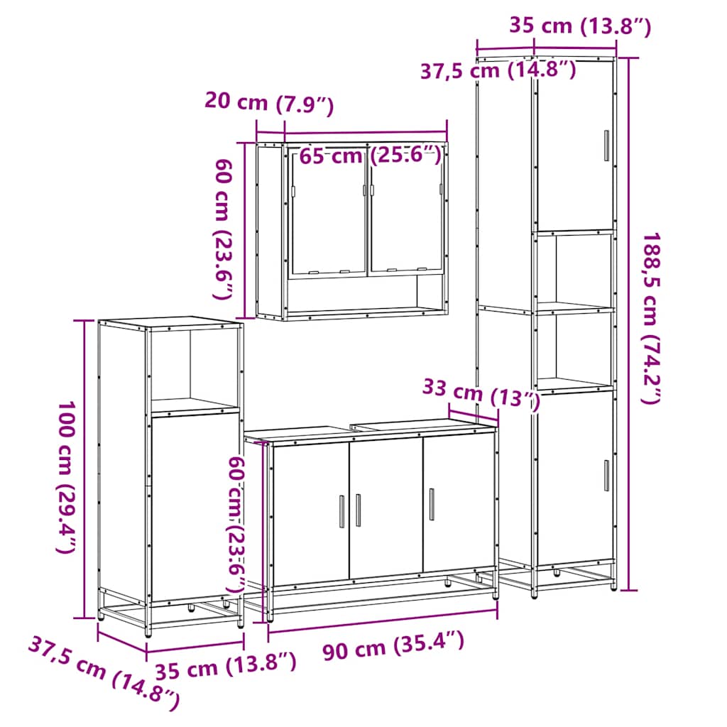 Set de mobilier de baie 4 piese Lemn negru prelucrat