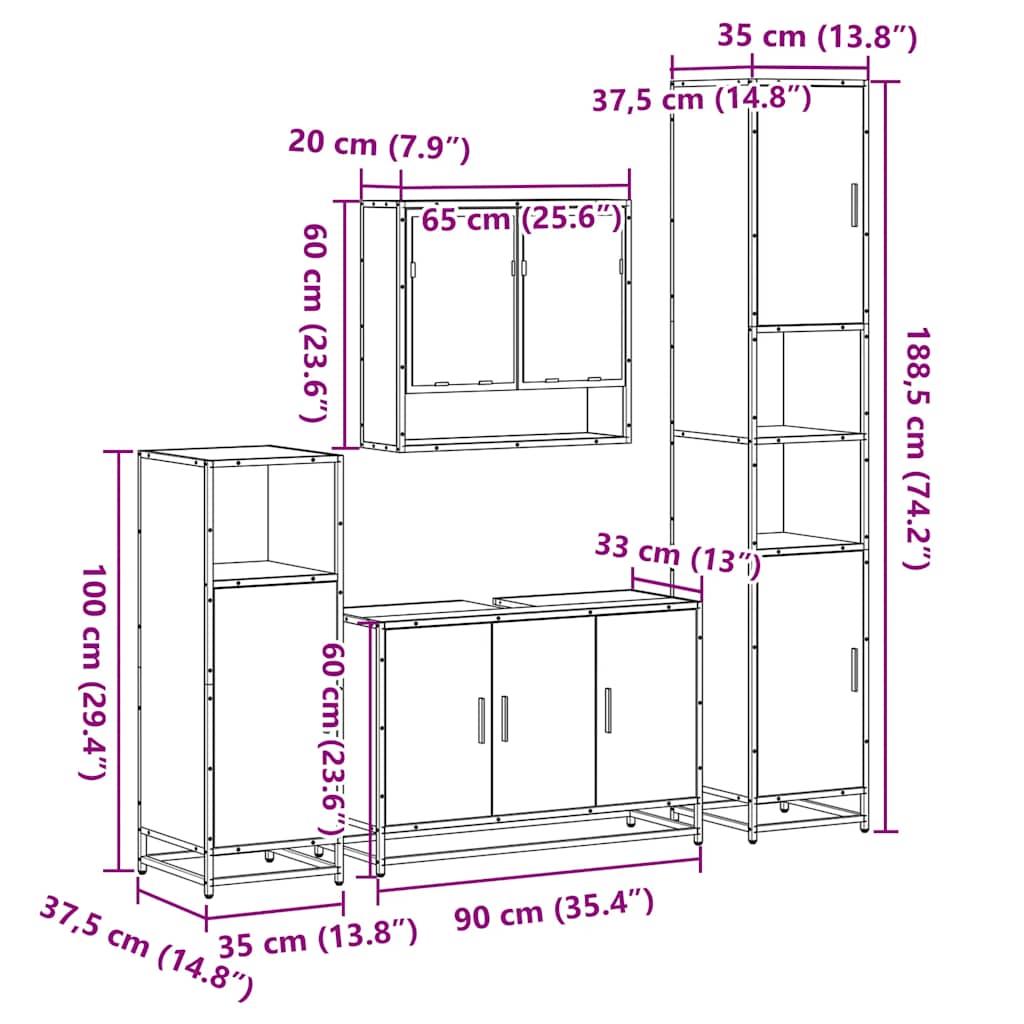 Set de mobilier de baie din 4 piese din lemn de stejar maro