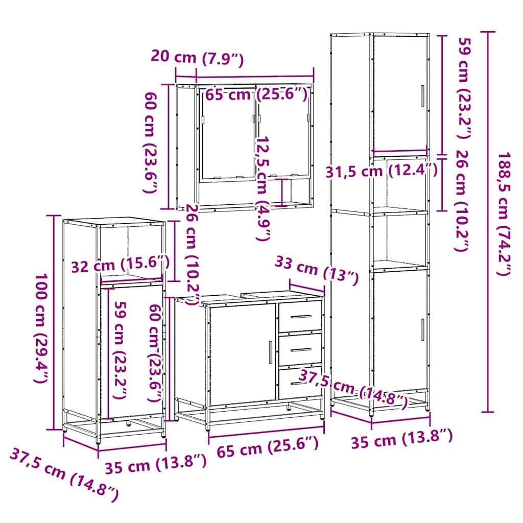 Set de mobilier de baie 4 piese Lemn negru prelucrat