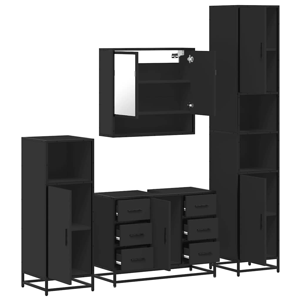 Set de mobilier de baie 4 piese Lemn negru prelucrat