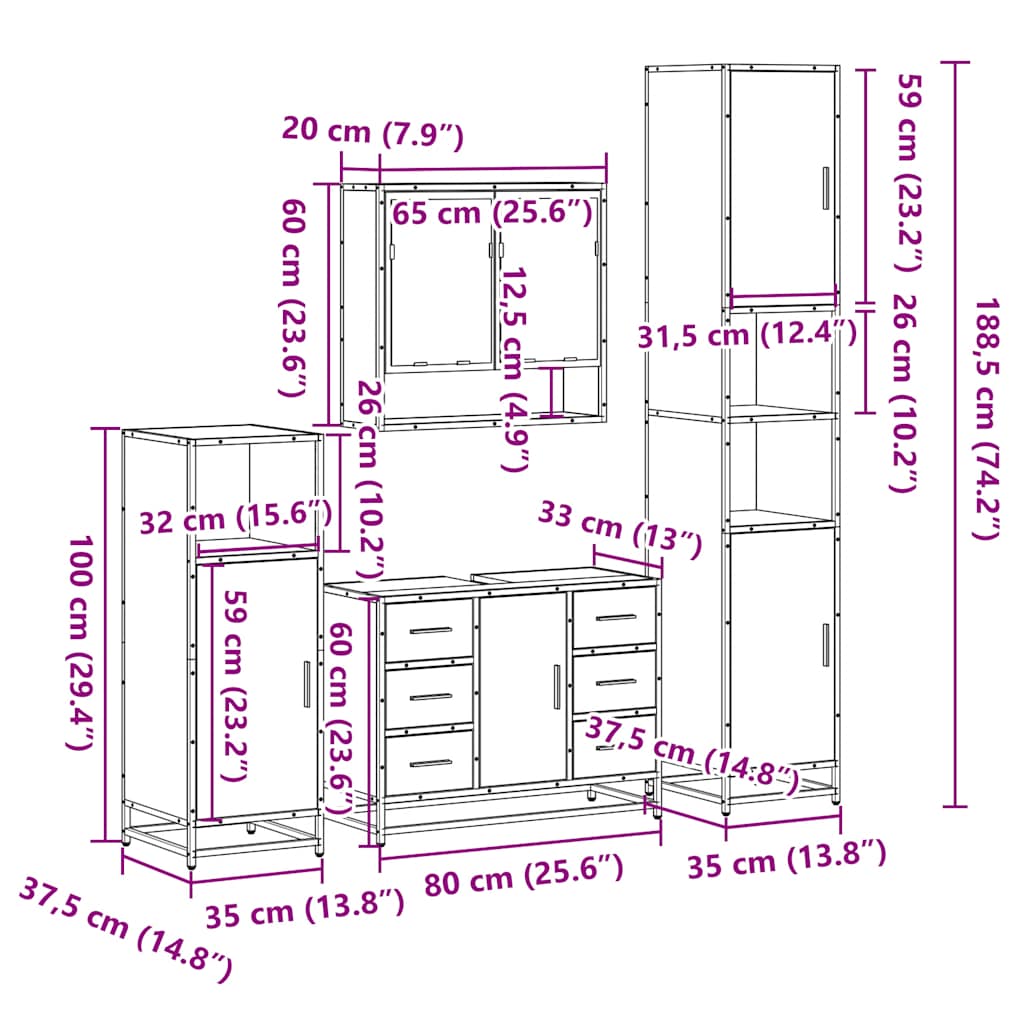 Set de mobilier de baie din 4 piese din lemn de stejar Sonoma