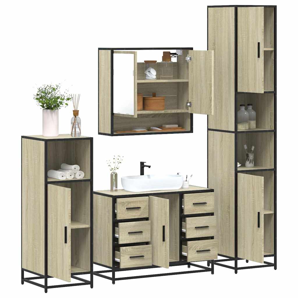 Set de mobilier de baie din 4 piese din lemn de stejar Sonoma