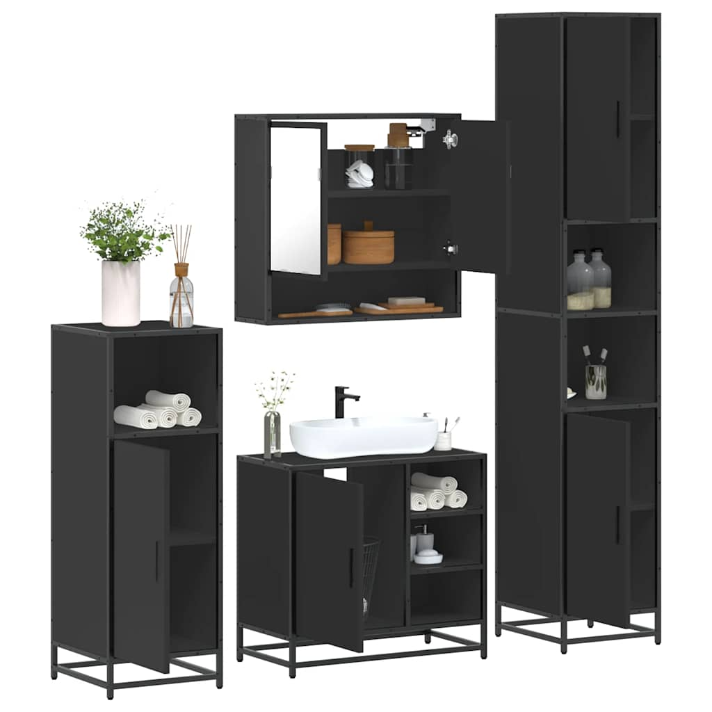 Set de mobilier de baie 4 piese Lemn negru prelucrat