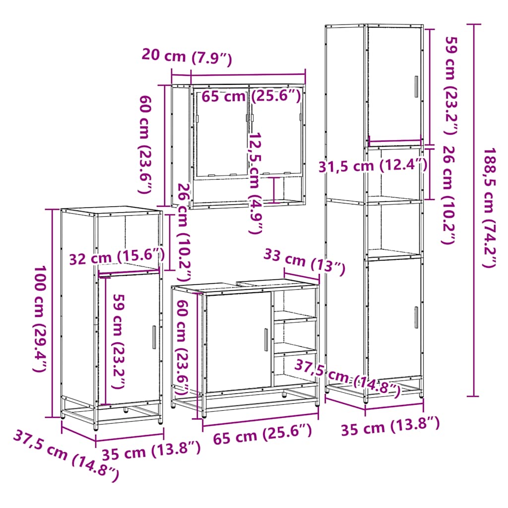 Set de mobilier de baie 4 piese Lemn stratificat gri Sonoma