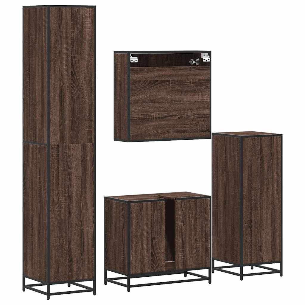 Set de mobilier de baie din 4 piese din lemn de stejar maro