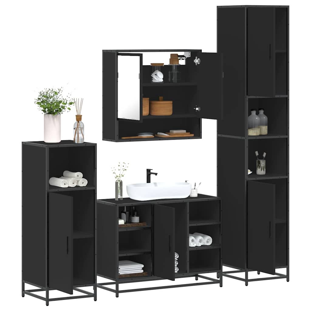 Set de mobilier de baie 4 piese Lemn negru prelucrat