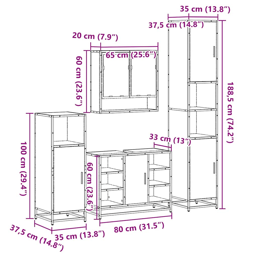 Set de mobilier de baie din 4 piese din lemn de stejar maro