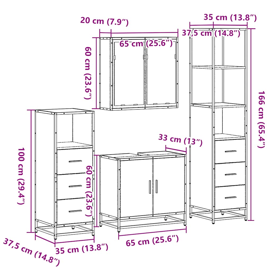 Set de mobilier de baie din 4 piese din lemn de stejar Sonoma