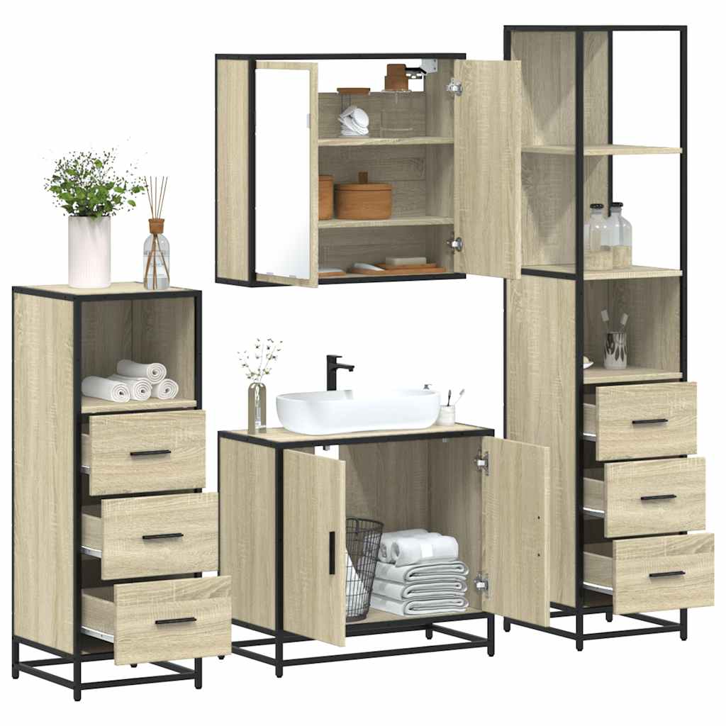 Set de mobilier de baie din 4 piese din lemn de stejar Sonoma