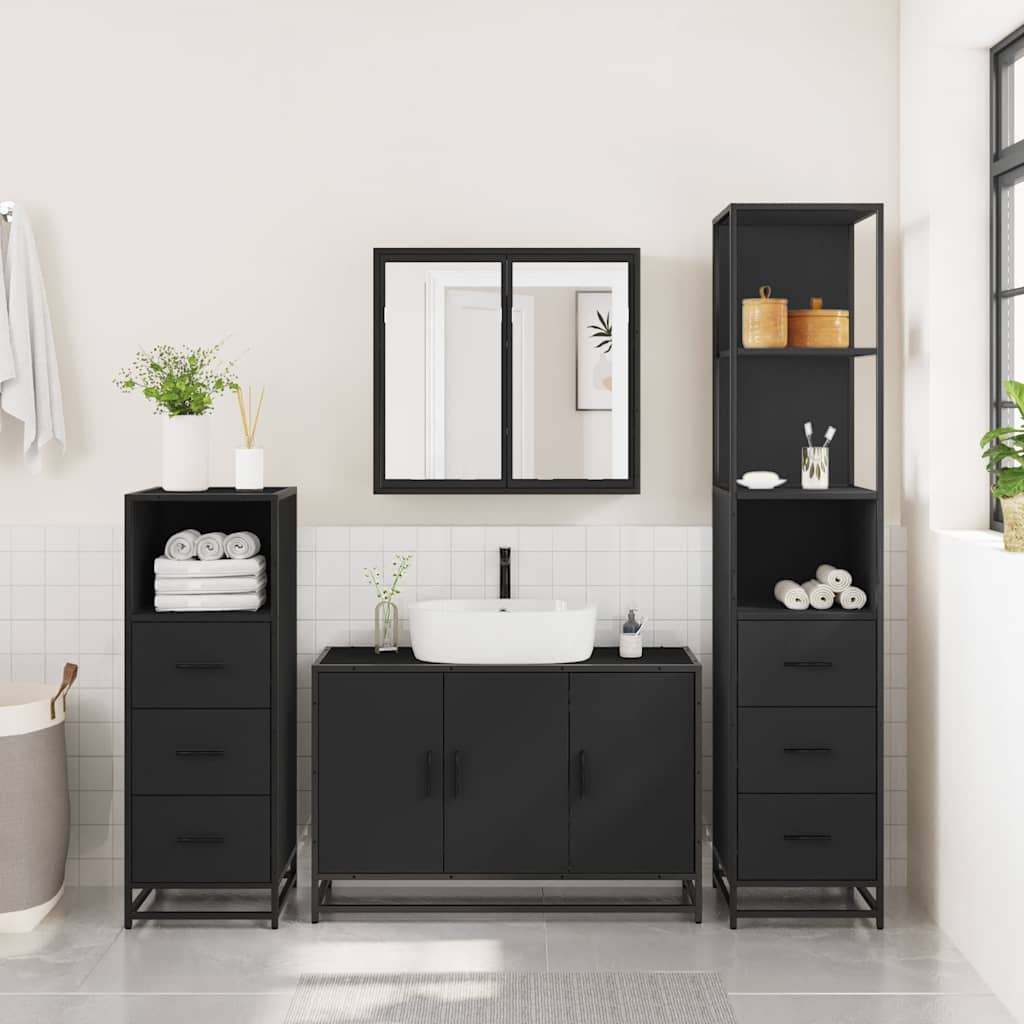 Set de mobilier de baie 4 piese Lemn negru prelucrat