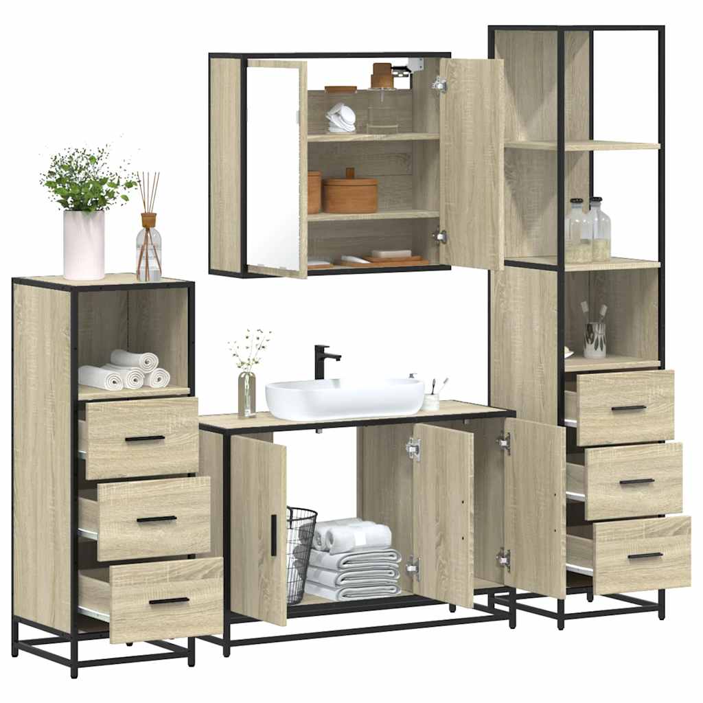 Set de mobilier de baie din 4 piese din lemn de stejar Sonoma