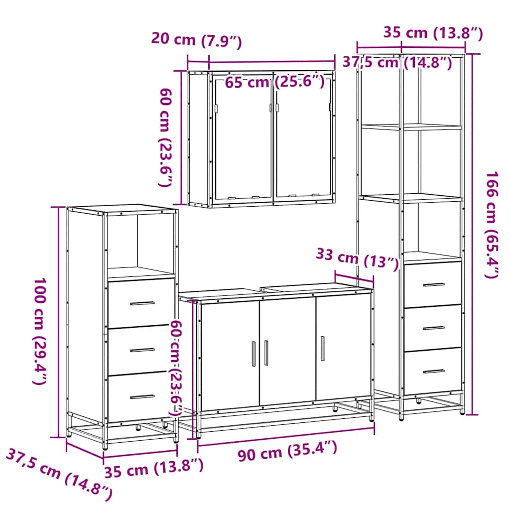 Set de mobilier de baie 4 piese Lemn prelucrat de stejar afumat