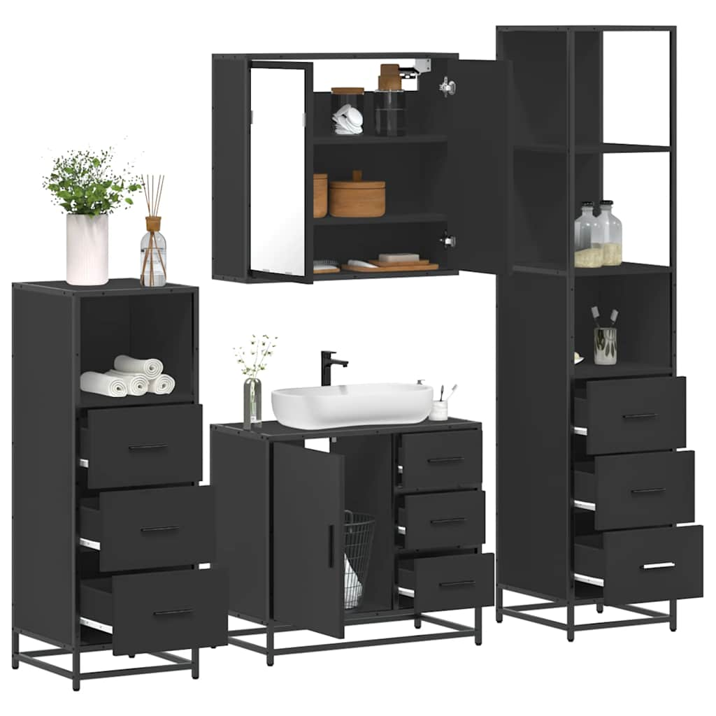 Set de mobilier de baie 4 piese Lemn negru prelucrat