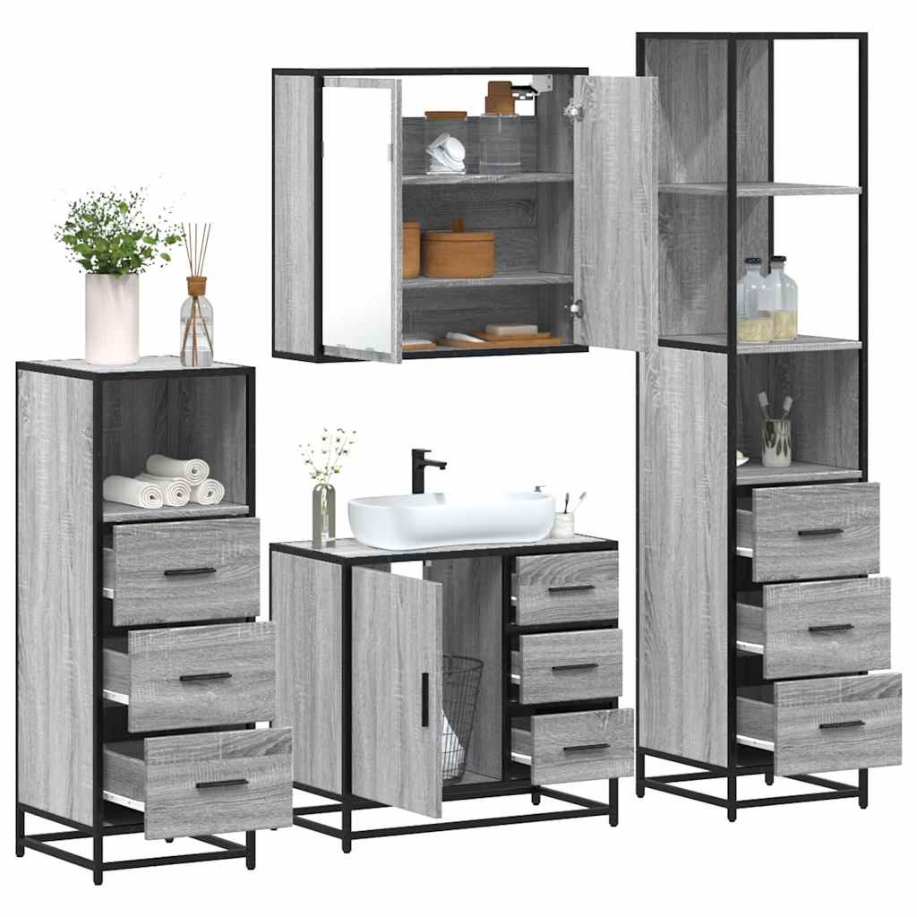 Set de mobilier de baie 4 piese Lemn stratificat gri Sonoma