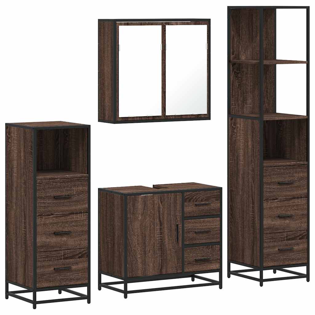 Set de mobilier de baie din 4 piese din lemn de stejar maro