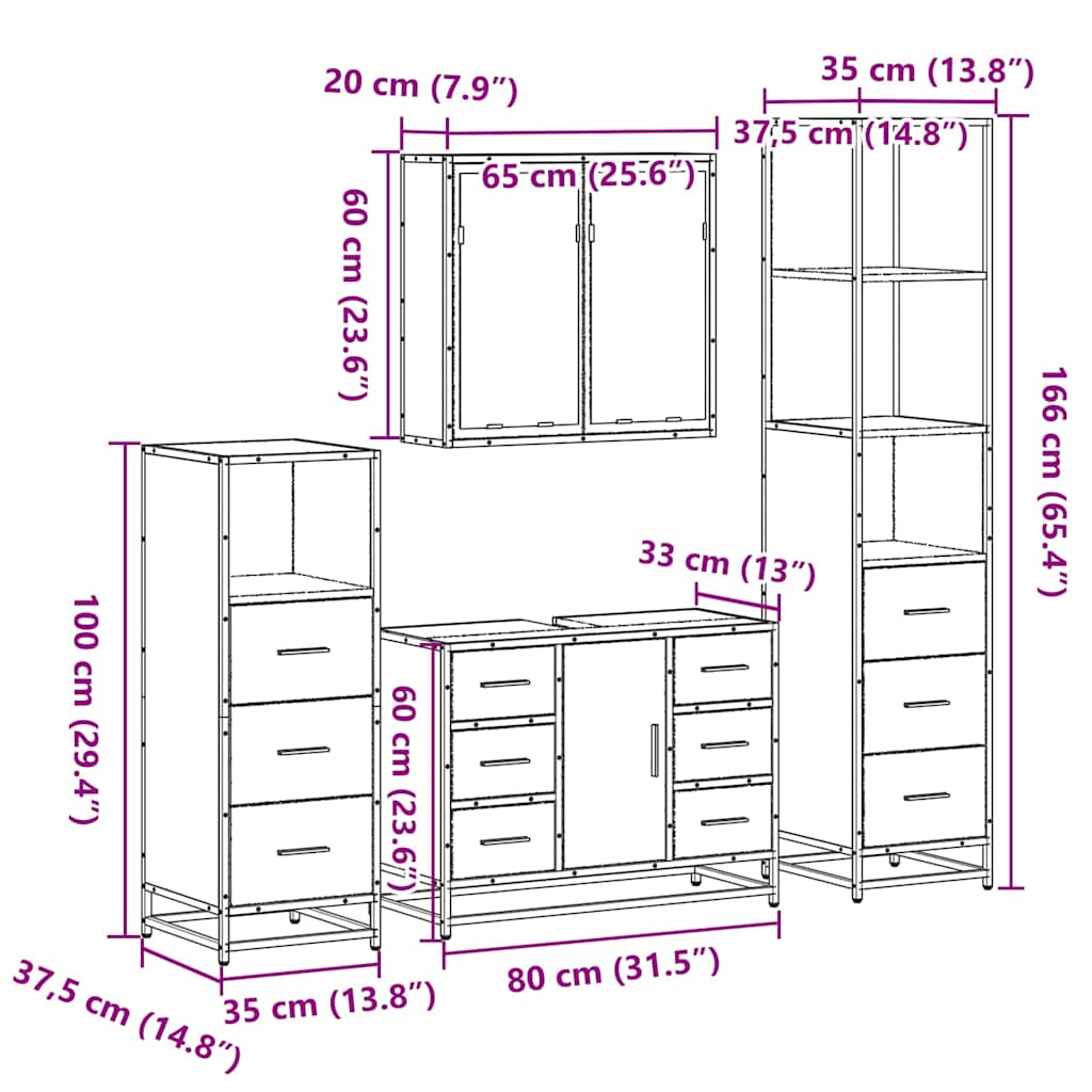 Set de mobilier de baie 4 piese Lemn negru prelucrat