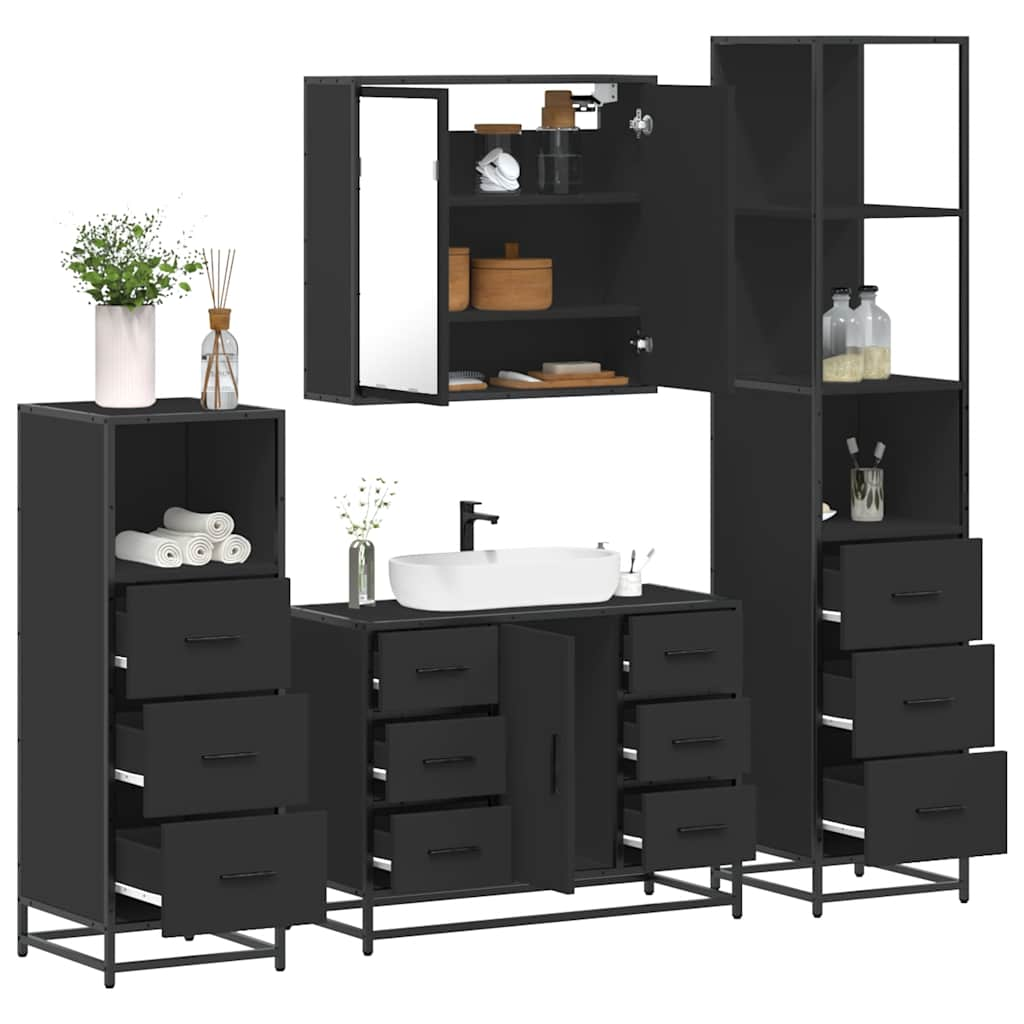 Set de mobilier de baie 4 piese Lemn negru prelucrat