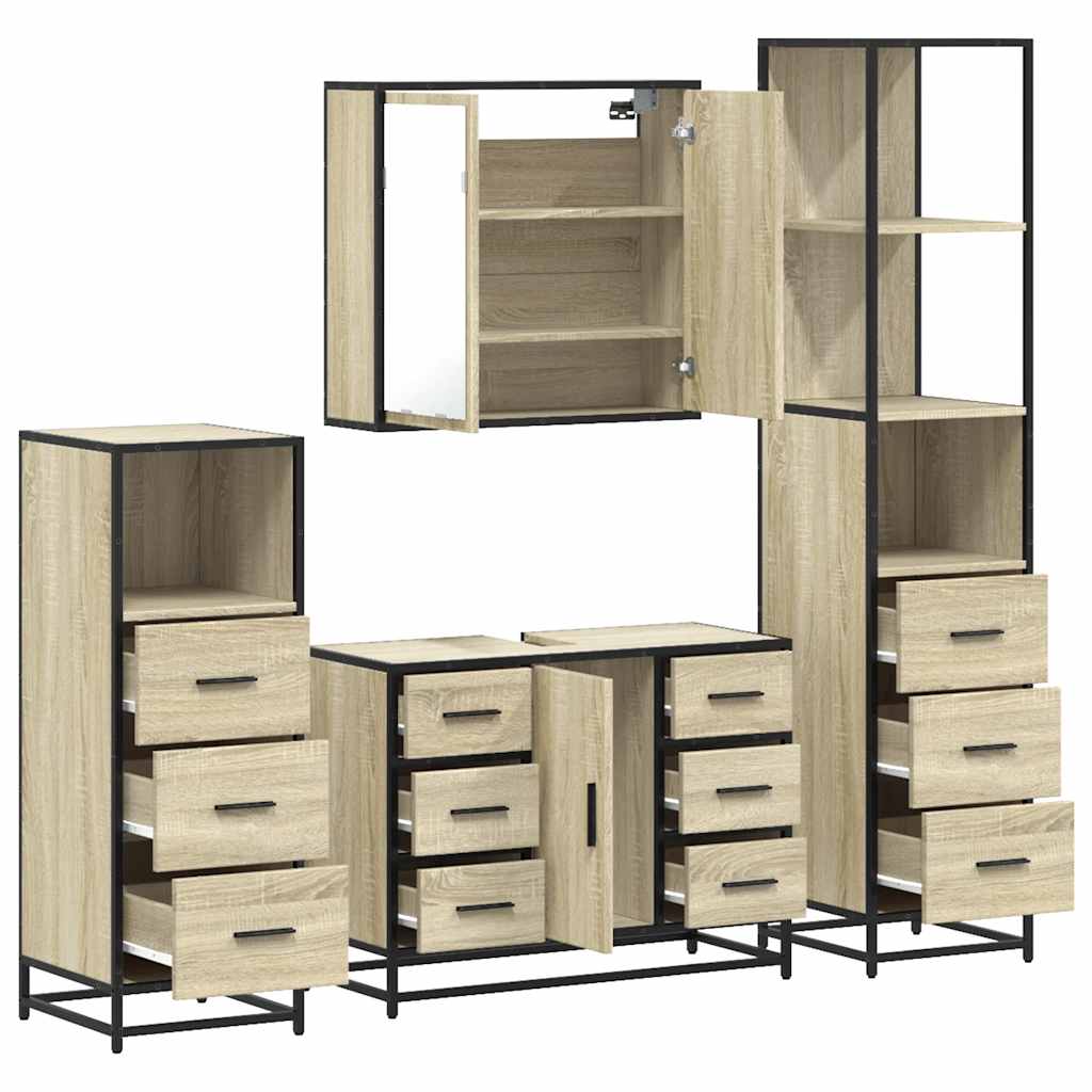 Set de mobilier de baie din 4 piese din lemn de stejar Sonoma