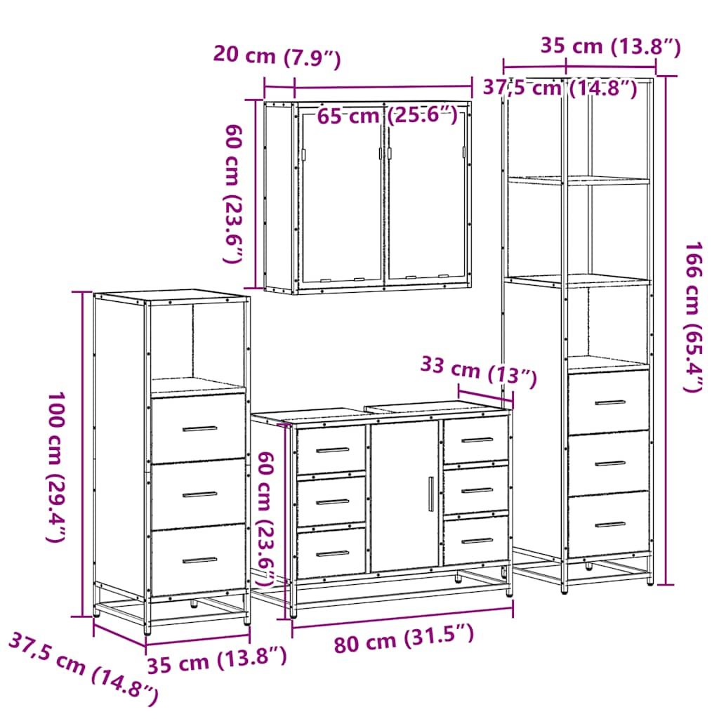 Set de mobilier de baie din 4 piese din lemn de stejar Sonoma