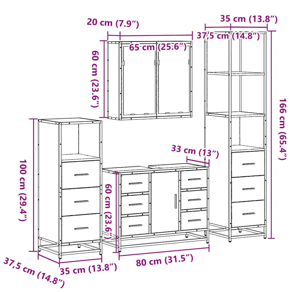 Set de mobilier de baie din 4 piese din lemn de stejar maro