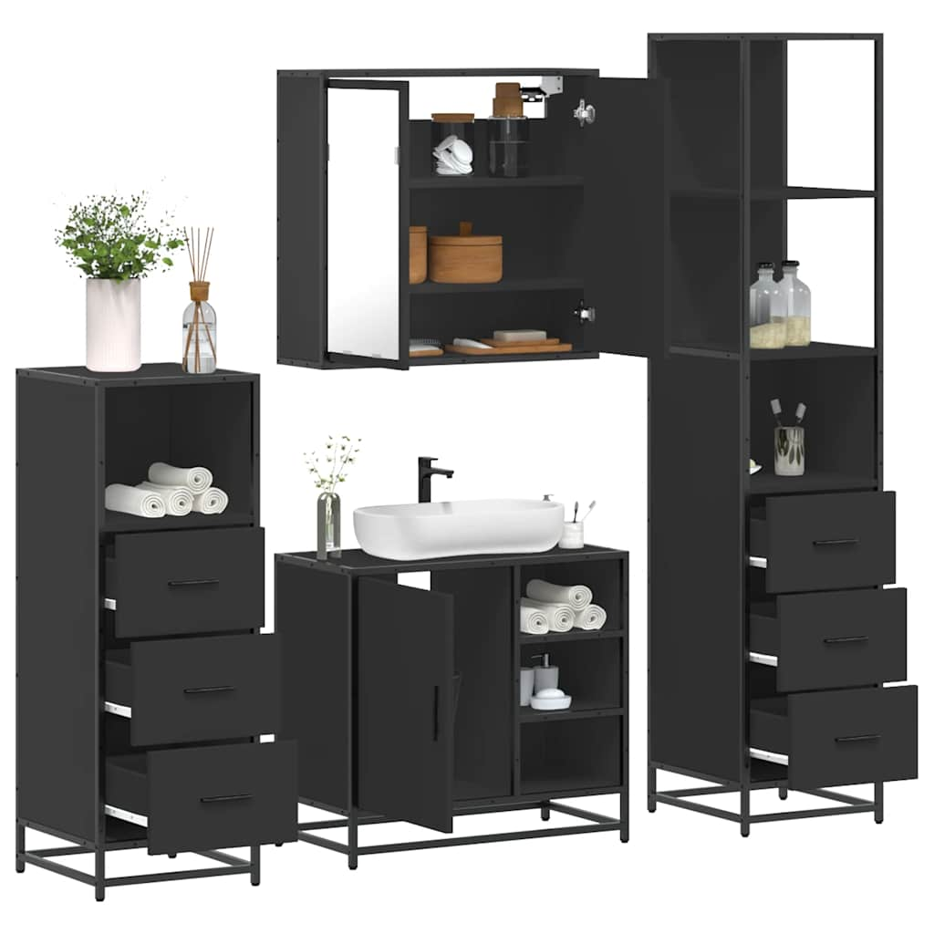 Set de mobilier de baie 4 piese Lemn negru prelucrat