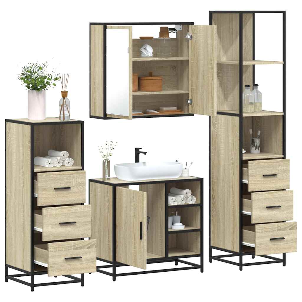 Set de mobilier de baie din 4 piese din lemn de stejar Sonoma