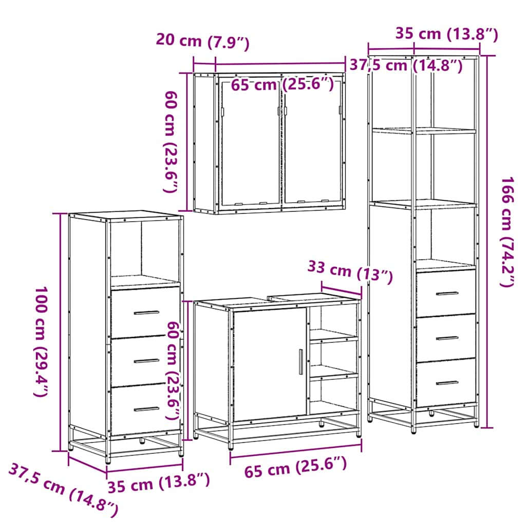 Set de mobilier de baie din 4 piese din lemn de stejar maro