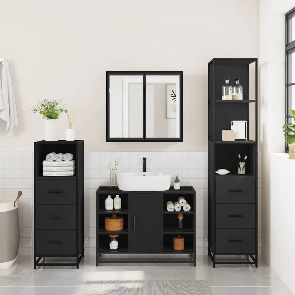 Set de mobilier de baie 4 piese Lemn negru prelucrat