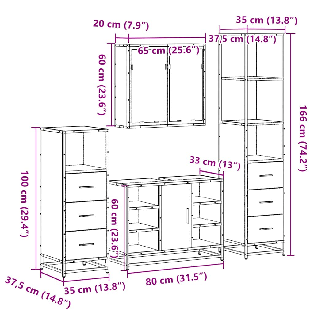 Set de mobilier de baie 4 piese Lemn negru prelucrat