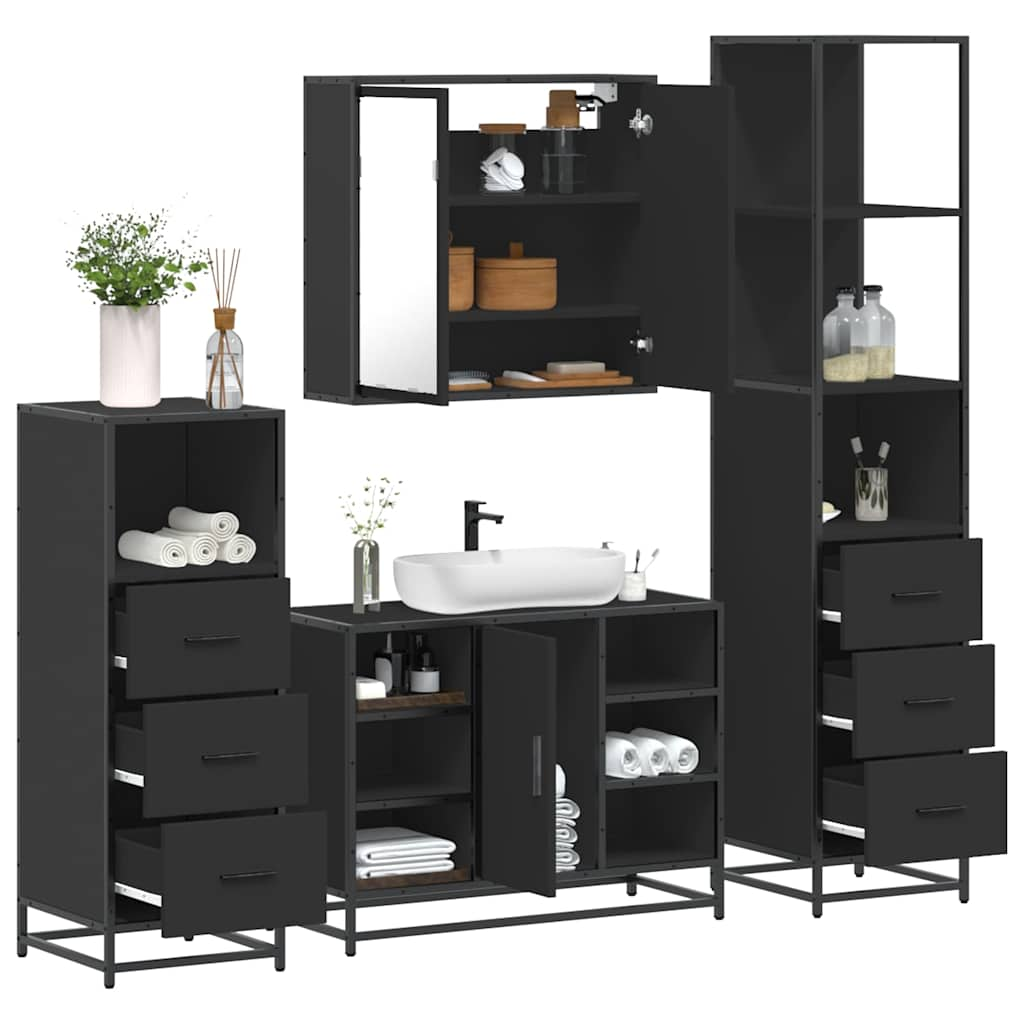 Set de mobilier de baie 4 piese Lemn negru prelucrat