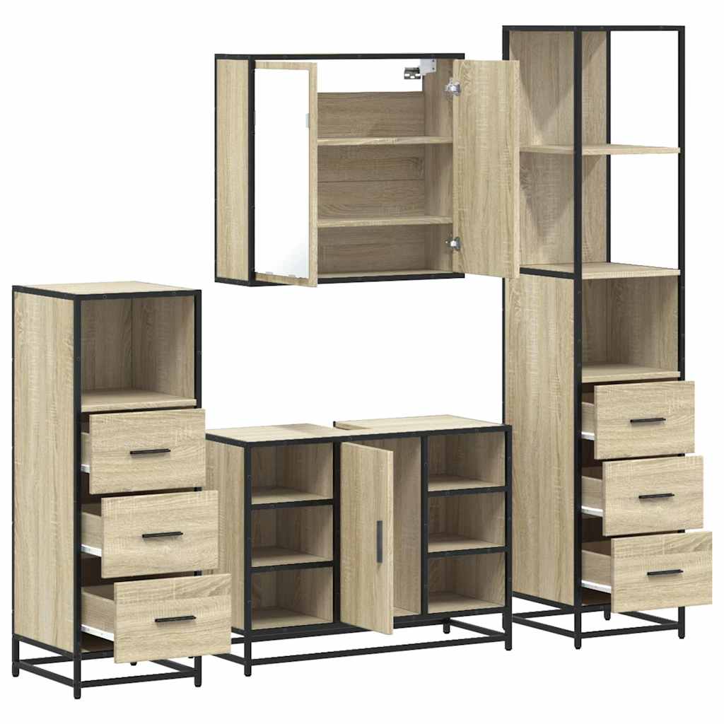 Set de mobilier de baie din 4 piese din lemn de stejar Sonoma