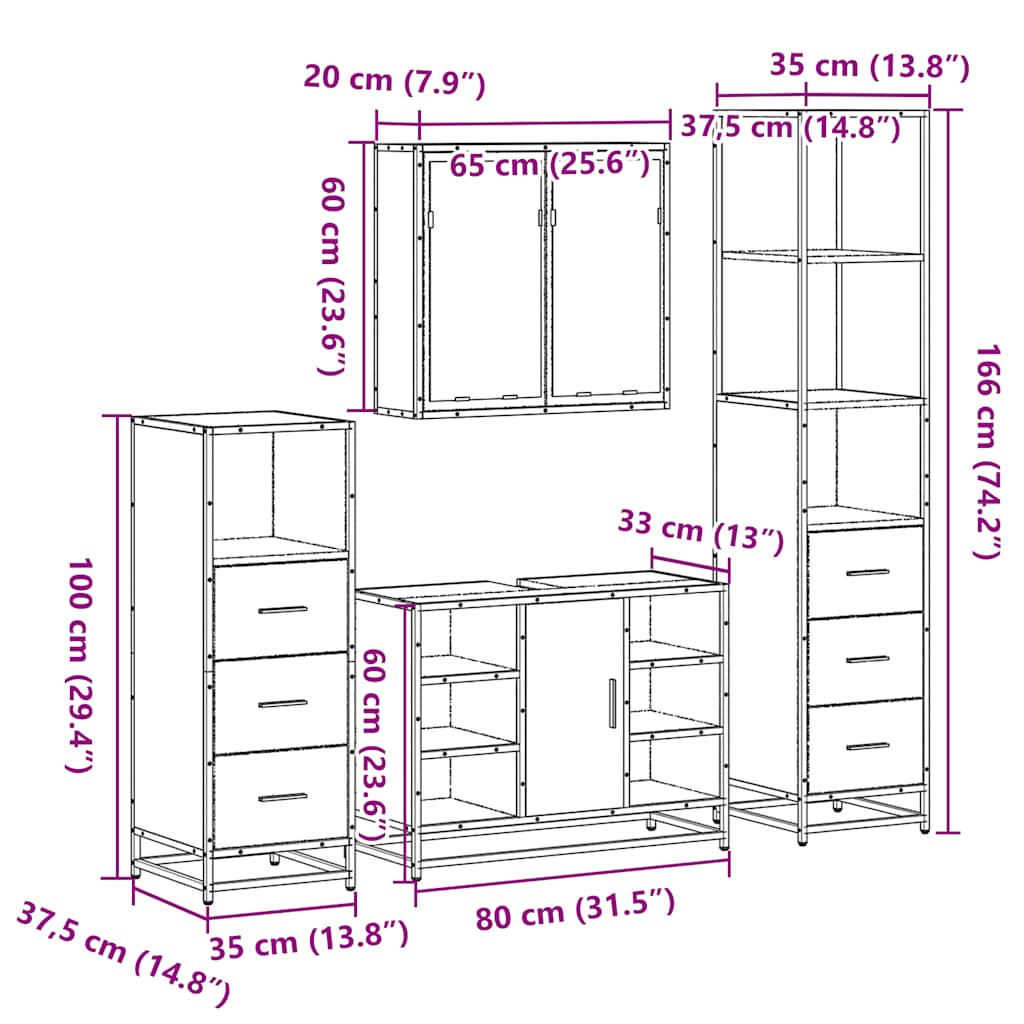 Set de mobilier de baie 4 piese Lemn prelucrat de stejar afumat