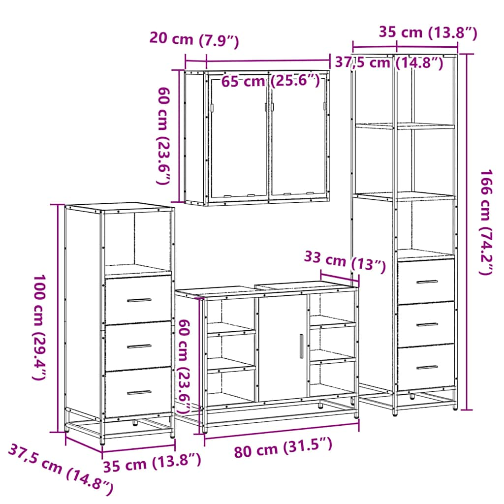 Set de mobilier de baie din 4 piese din lemn de stejar maro