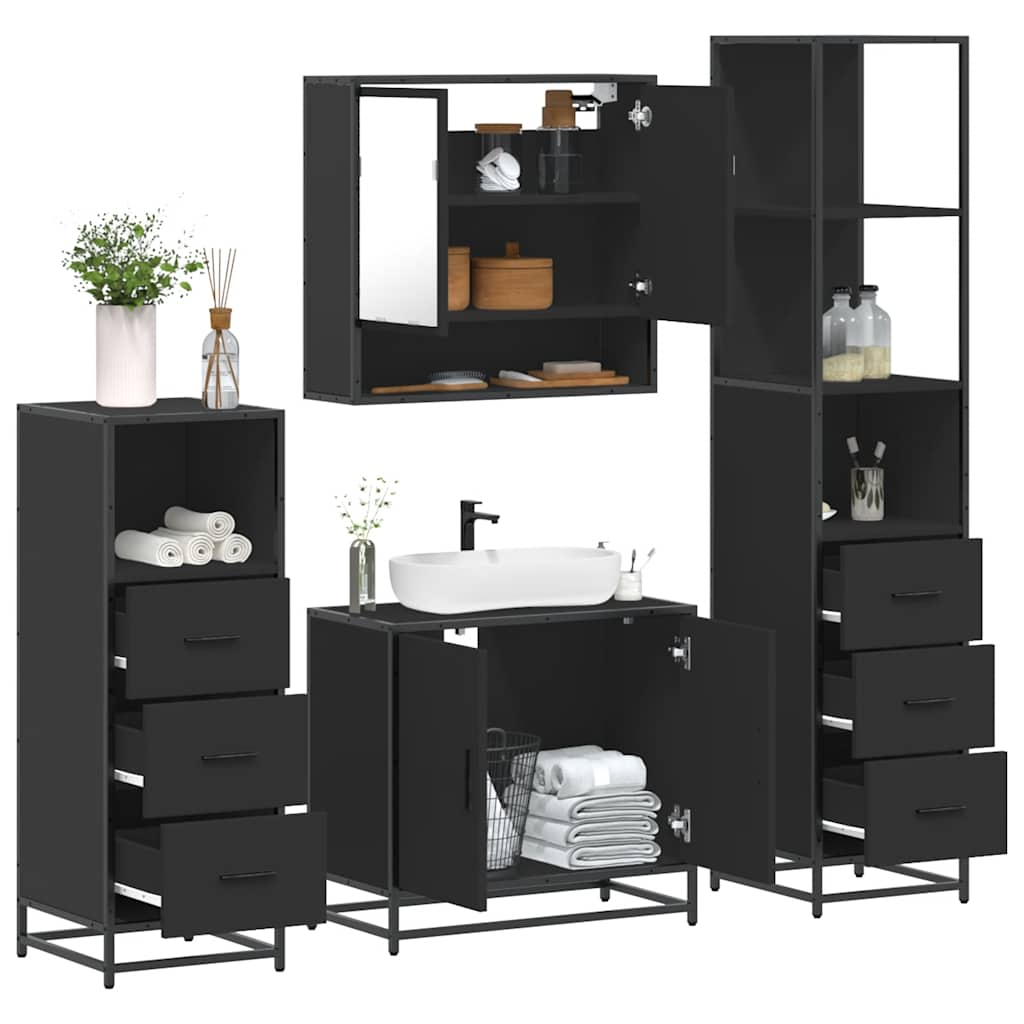 Set de mobilier de baie 4 piese Lemn negru prelucrat