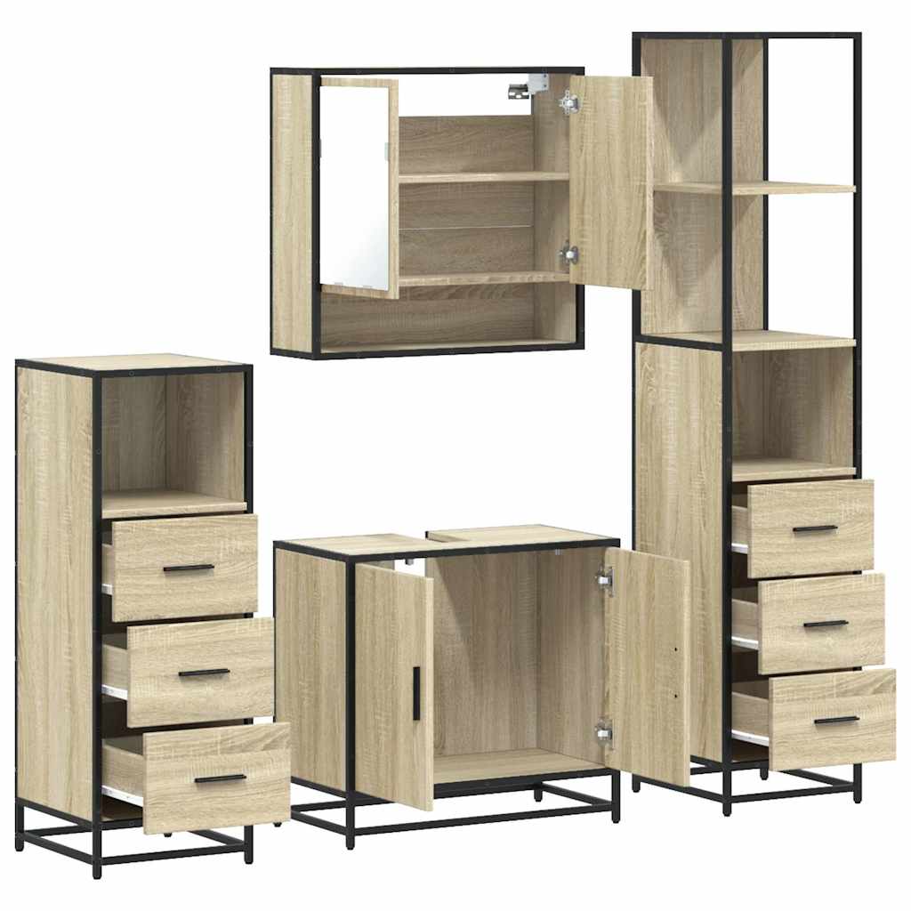 Set de mobilier de baie din 4 piese din lemn de stejar Sonoma