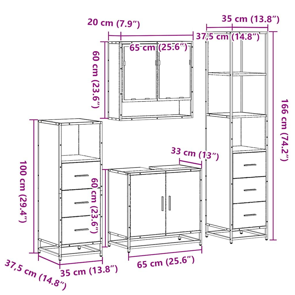 Set de mobilier de baie 4 piese Lemn prelucrat de stejar afumat