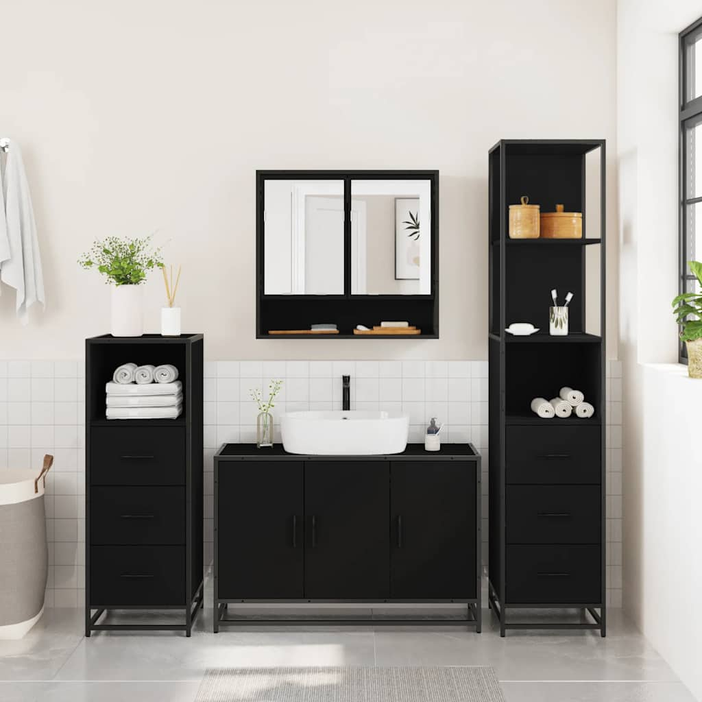 Set de mobilier de baie 4 piese Lemn negru prelucrat