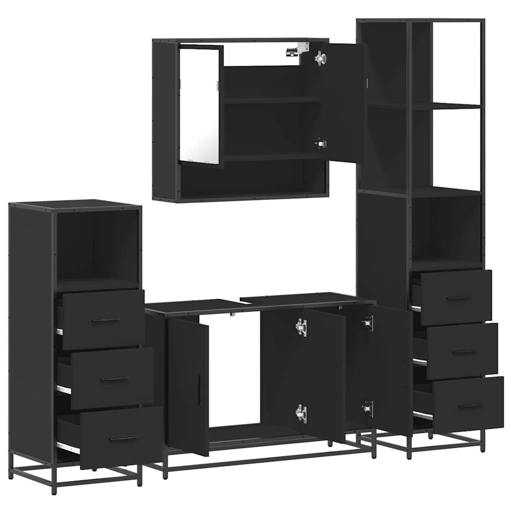 Set de mobilier de baie 4 piese Lemn negru prelucrat