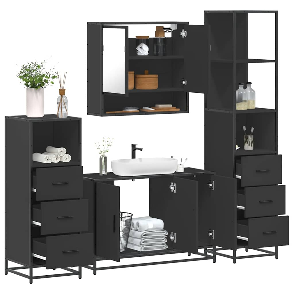 Set de mobilier de baie 4 piese Lemn negru prelucrat