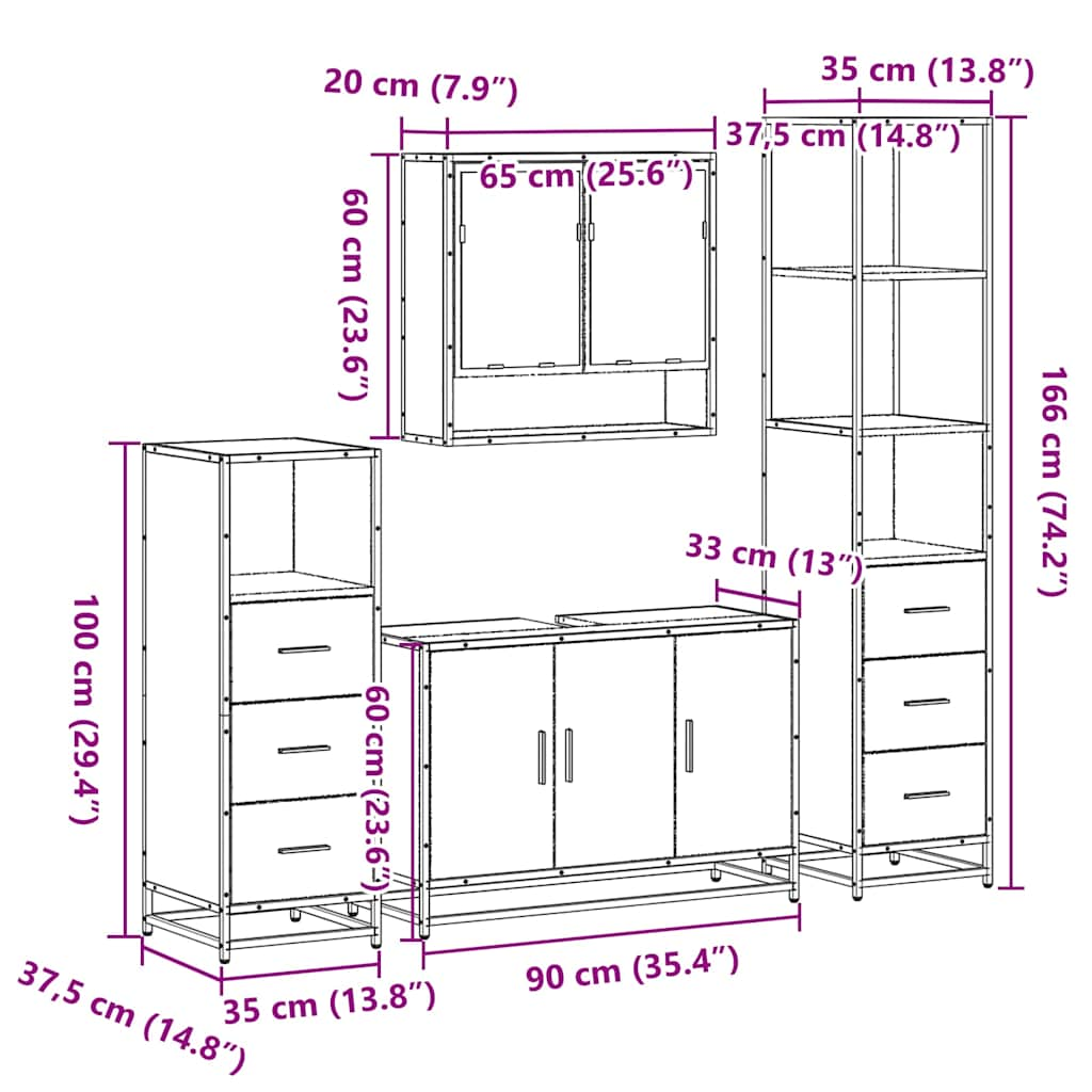 Set de mobilier de baie 4 piese Lemn stratificat gri Sonoma