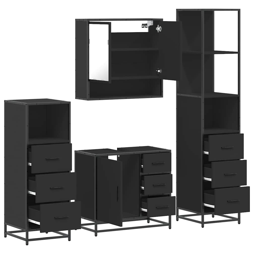 Set de mobilier de baie 4 piese Lemn negru prelucrat