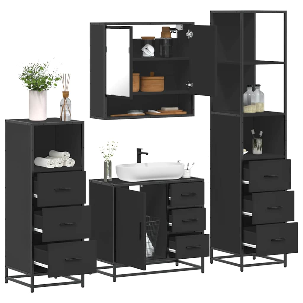 Set de mobilier de baie 4 piese Lemn negru prelucrat