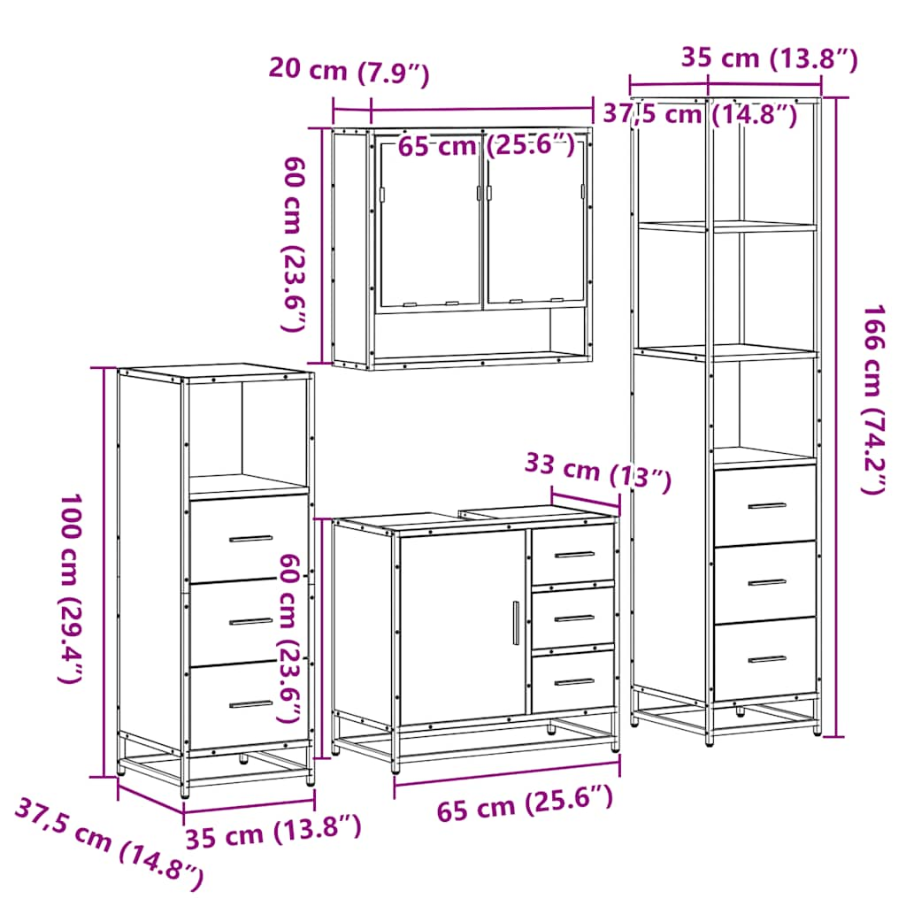 Set de mobilier de baie din 4 piese din lemn de stejar Sonoma