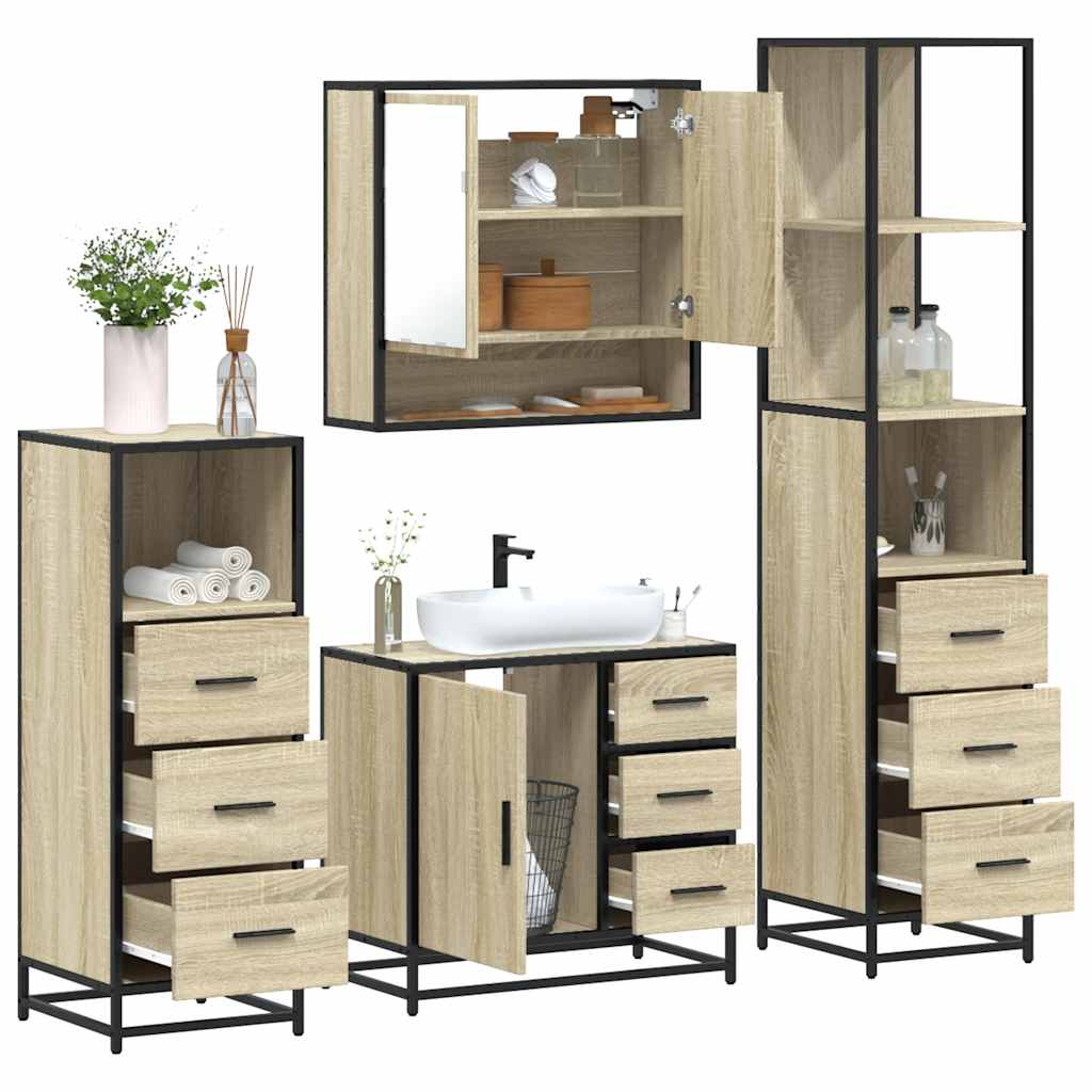 Set de mobilier de baie din 4 piese din lemn de stejar Sonoma