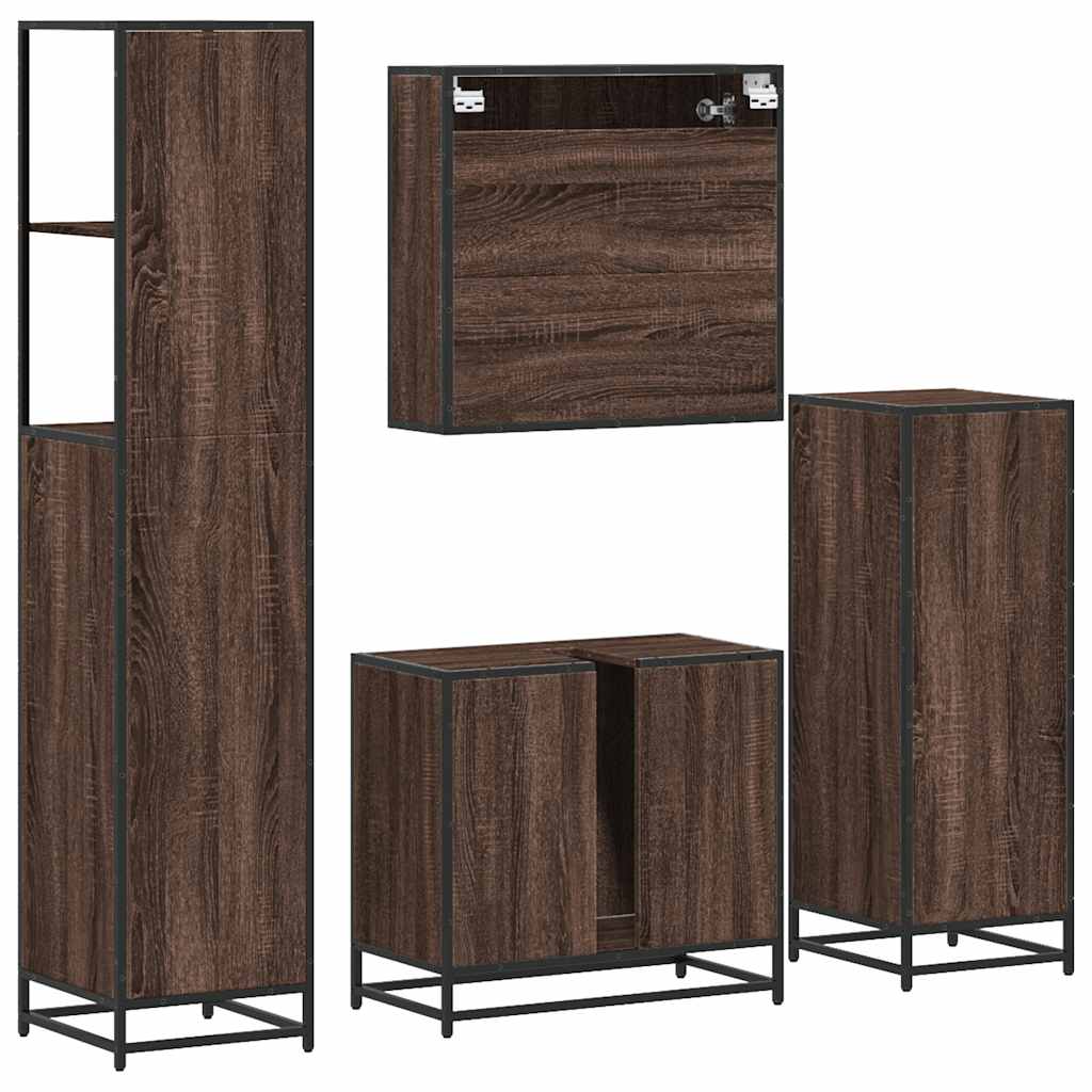 Set de mobilier de baie din 4 piese din lemn de stejar maro