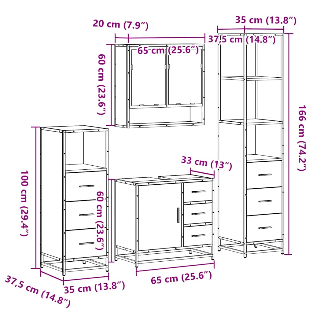 Set de mobilier de baie din 4 piese din lemn de stejar maro