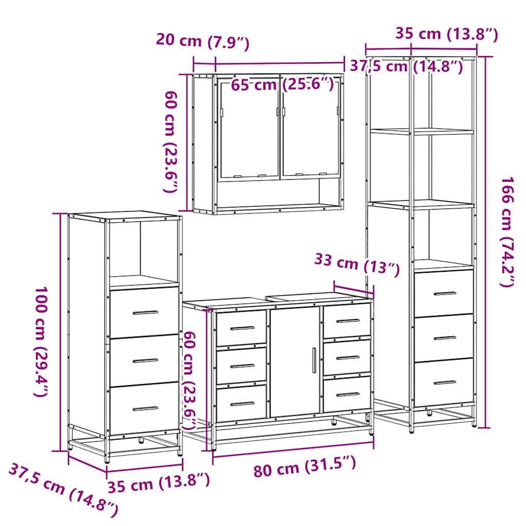 Set de mobilier de baie 4 piese Lemn negru prelucrat