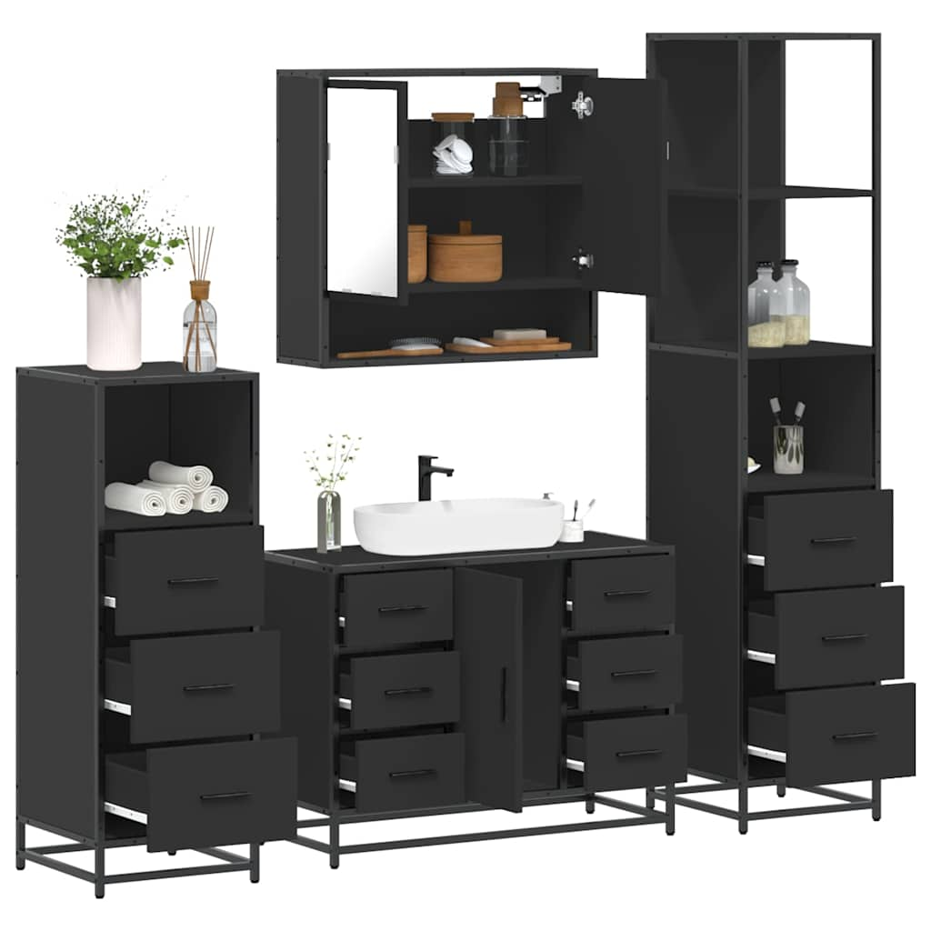 Set de mobilier de baie 4 piese Lemn negru prelucrat